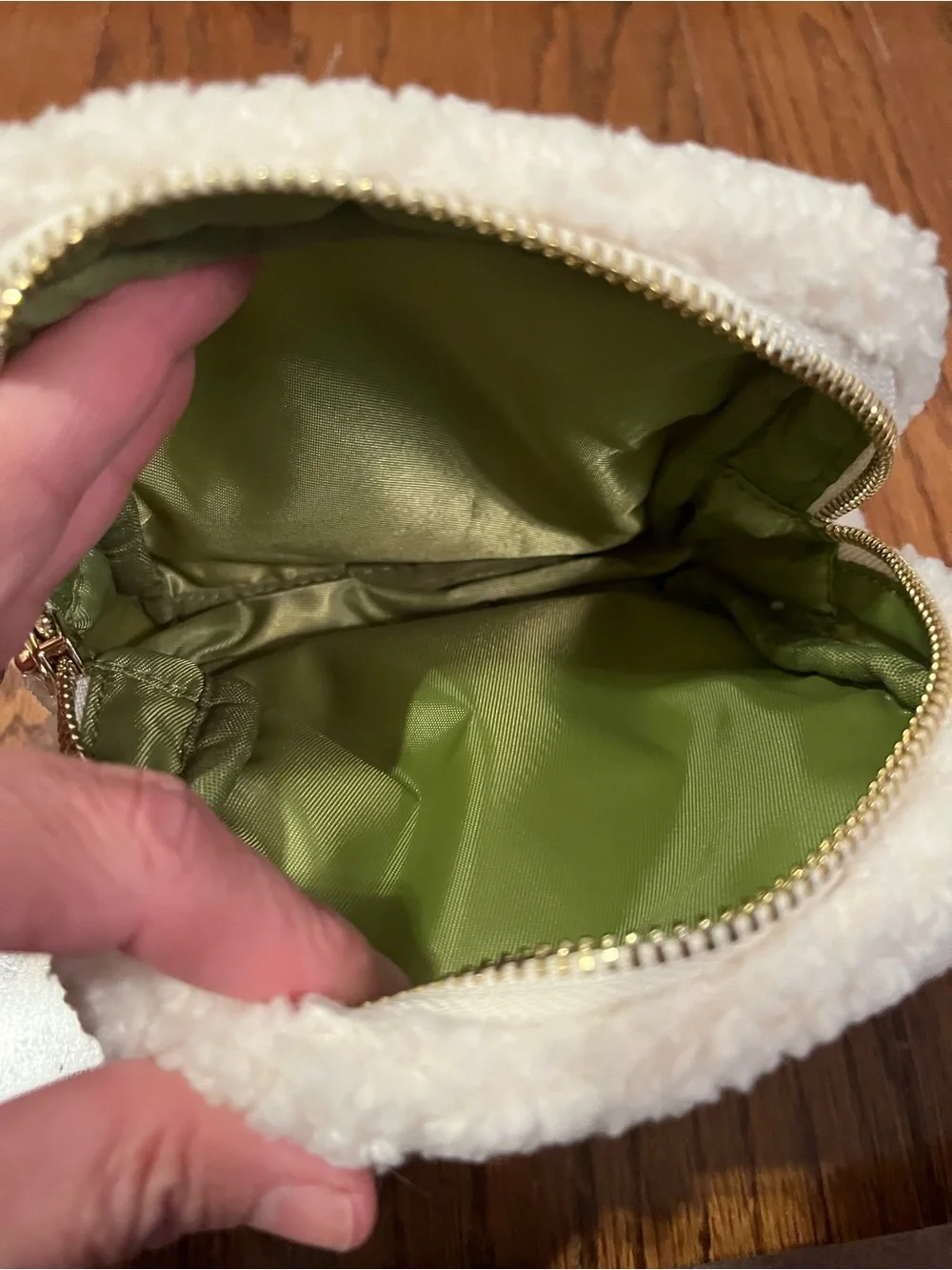 White Faux-Shearling Zip Pouch with Green Lining